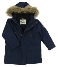 Tmavomodrá šusťáková zimní bunda s nášivkou a kapucí s kožešinou Topolino