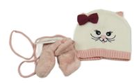 Nové - 2Set - Bílo-světlerůžová pletená čepice - kočička dopodopo + světlerůžové chlupaté rukavice se šňůrkou Topomini