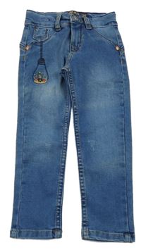 Modré skinny rifle s výšivkou 