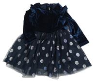 Tmavomodro/petrolejové tylovo/sametové šaty s puntíky a volánky 