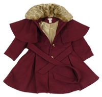 Tmavovínový flaušový podšitý kabát s kožešinovým límečkem a páskem Monsoon