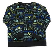 Černá plyšová pyžamová mikina s ovladači a sluchátky a lebkami F&F