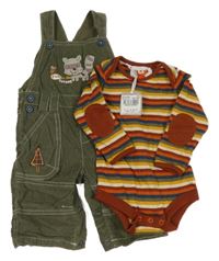Nové - 2Set - Khaki manšestrové laclové podšité kalhoty s mývalem + pruhovano/managonvé body Tu