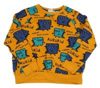 Horčicová mikina s dinosaurami a nápismi