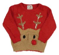 Červený chlpatý sveter so sobom s flitrami George