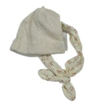 2set - Béžová melírovaná žebrovaná bavlněná čepice + krémová květovaná čelenka s mašlí