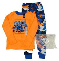 Nové - Neonově oranžovo-tmavodré chlupaté pyžamo s nápisem a vzorem Dunnes