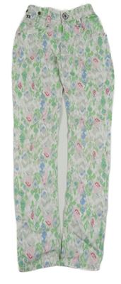 Bielo-sivo-zelené vzorované plátenné skinny nohavice