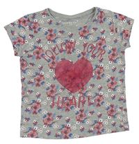 Sivo-ružové kvetované tričko so srdcem Primark