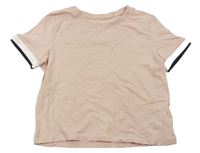 Svetloružové crop tričko s bílým lemem na rukávu H&M