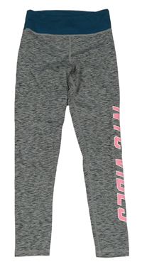 Šedé melírované sportovní legíny s nápisem a petrolejovým pasem H&M