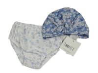 2 set - Modrá kvetovaná turbanová čepice + bielo-modré kalhotky pod šaty