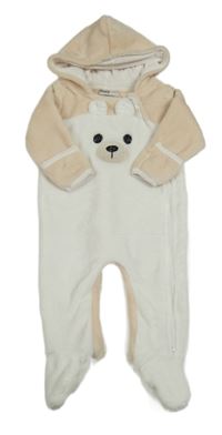 Bielo-smotanová plyšová kombinéza s medvěďom a kapucňou