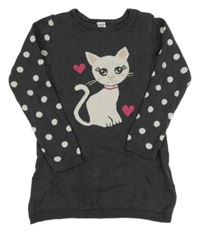 Tmavosivé svetrové šaty s bodkami a mačkou Dopodopo