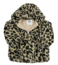 Béžovo-černá leopardí kožešinová podšitá bunda s kapucí F&F