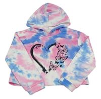 Ružovo-bielo-modrá batikovaná crop mikina so srdiečkom a kapucňou