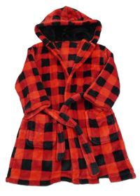 Červeno-černý kostkovaný plyšový župan s kapucí M&S