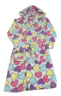 Bielo-farebný plyšový župan so srdiečkami a kapucňou BHS