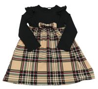 Černo-lososovo-červené žebrované kostkované šaty s mašlí 