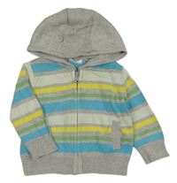 Šedo-modro-žluto-zelený pruhovaný propínací svetr s kapucí F&F