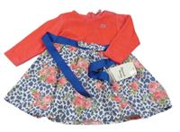 Nové - Neonově růžovo-bílo-modré sametové šaty se vzorovanou sukní 