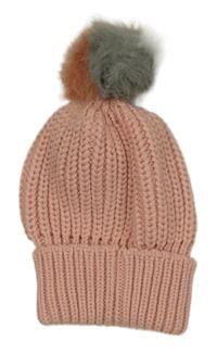 Růžovo-šedá čepice s bambulí 