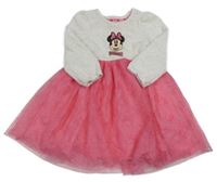 Béžovo-ružové rebrované zamatové šaty s Minnie a tylovou sukní Primark