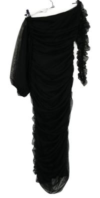 Dámské černé tylové řasené asymetrické společenské midi šaty Asya Moda 