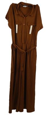 Dámský hnědý palazzo kalhotový overal s páskem 