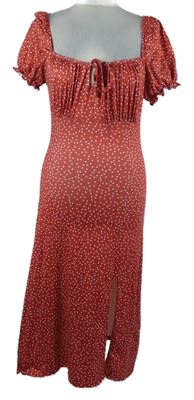 Dámske červené bodkované milkmaid midi šaty s rozparkem Shein