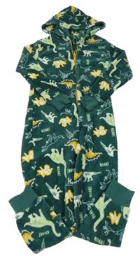 Zelená chlpatá kombinéza s dinosaurami a kapucňou