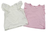 2x tričko s madeirovými volánky - bílé + růžové Primark