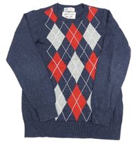 Tmavomodro-červeno-šedý károvaný svetr H&M