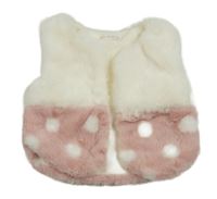 Bielo-ružová chlpatá kožušinová podšitá vesta s bodkami