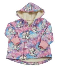 Ružovo-modrá šušťáková zateplená bunda s jednorožcami a kapucňou