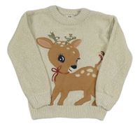 Béžový žinylkový svetr se srnkou s flitry C&A