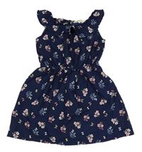 Tmavomodré šaty s kvetmi a motýlikmi a volánikom H&M