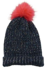 Tmavoodro-barevná melírovaná čepice s bambulí