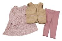 Nové - 3set - Béžová huňatá vesta + bílo-růžové květované šaty + legíny Dunnes