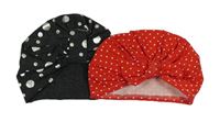 2x - Červená + černá turbanová čepice s puntíky 