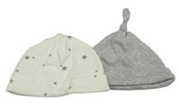 2x - Bílá čepice s hvězdičkami + šedá čepice se slony