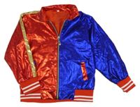 Kostým- Modro-červená saténová podšitá bunda s nápisem- Harley Quinn 