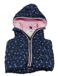 Tmavomodrá šušťáková prešívaná zateplená vesta s motýlikmi a kapucňou Topolino