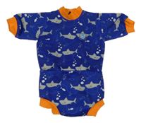 Tmavomodro-oranžové neoprenové body so žralokmi Splash About