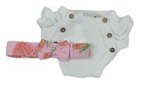 2Set - Bílé pletené kalhotky na plenky s volánky + ružová čelenka s jahůdkami a mašlou