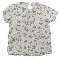 Smotanové rebrované tričko s kvietkami a motýlikmi zn. H&M