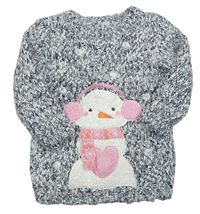 Tmavomodro-biely melírovaný chlpatý sveter so sněhuláčkem Tu