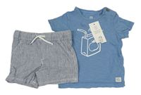 2Set - Námořnicky modro-bílé pruhované lněné kraťasy + modré melírované tričko s pitíčkem F&F