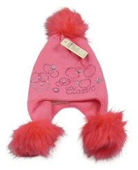 Nové - růžová pletená čepice s kamínky a pecičkami a bambulemi 