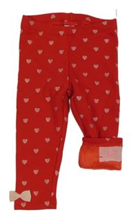 Červené teplákové zateplené legíny se třpytivými srdíčky a mašličkami C&A